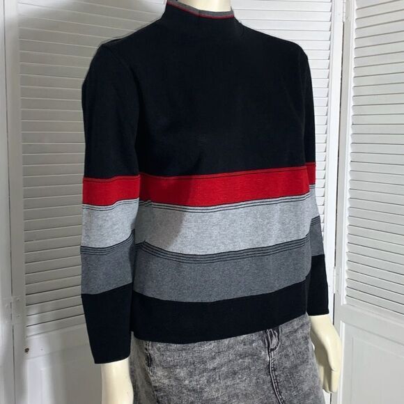 Vintage Black Red Striped Mock Neck Sweater Women’s Size Medium - Picture 1 of 14